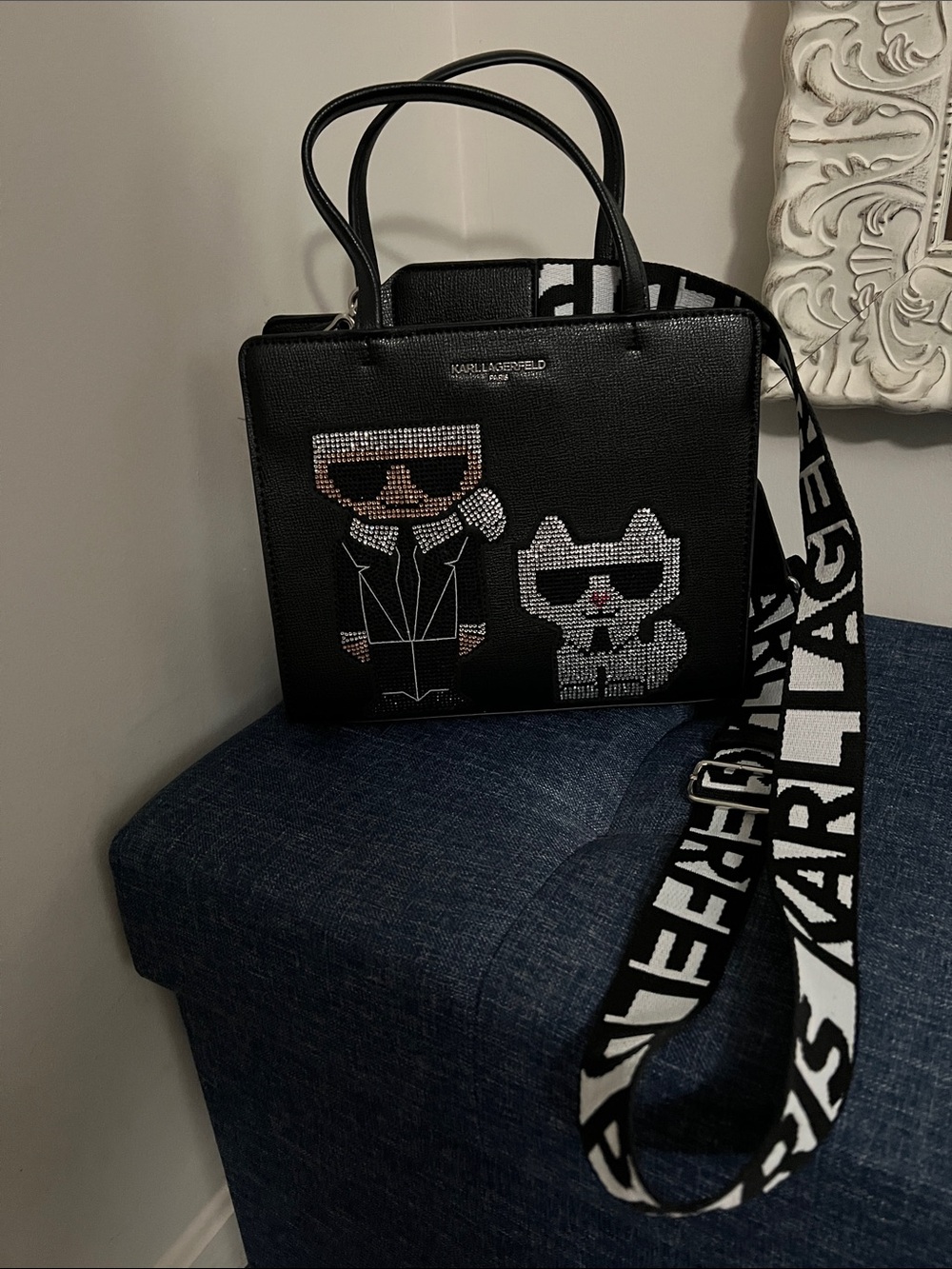 Karl Lagerfeld bling crystals crossbody satchel purse bag - Picture 2 of 10